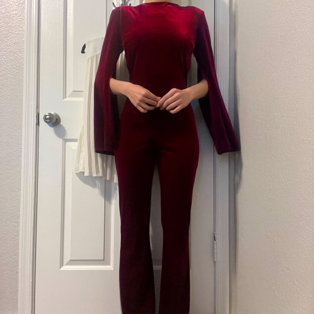 Day & Night Maroon Velvet Jumpsuit from Revolve